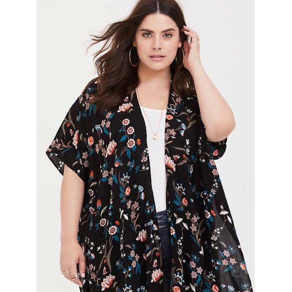 torrid Sweaters - Torrid Black Floral Split Side Challis Kimono